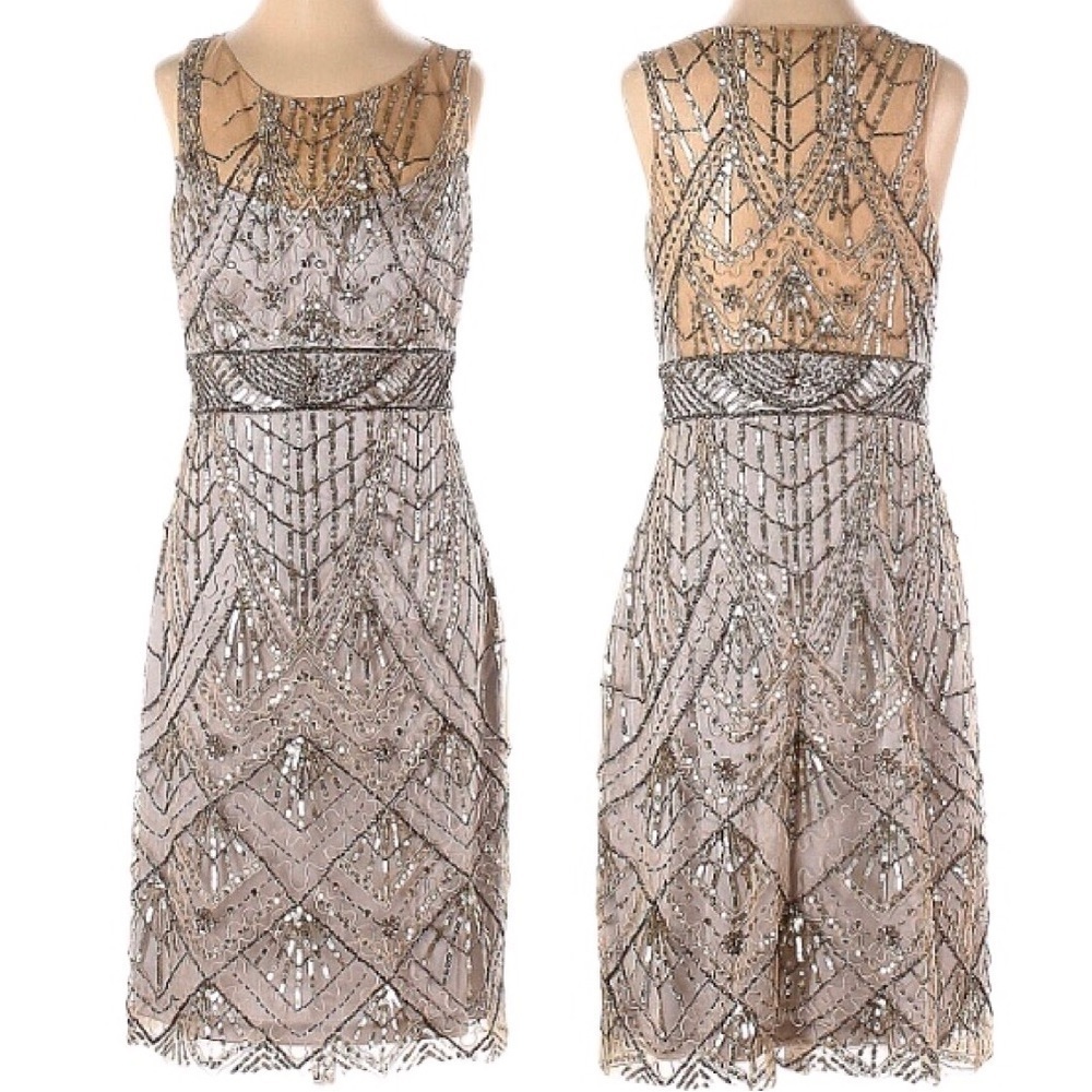 Sue Wong Nocturne Cocktail Dress Size 2 Silver Gold Sequin Beaded Gatsby Sheath